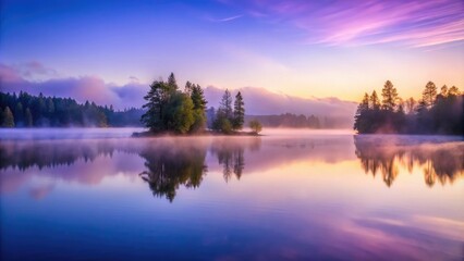 Obraz premium Lavender-colored mist rising from a serene lake on a misty morning, atmospheric, peaceful