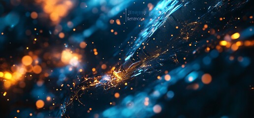 Obraz premium High-speed light streaks across the background, with blue and gold colors. An abstract digital technology illustration of a fast motion blur effect in a futuristic city at night.