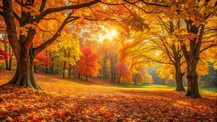 Leaf fall scene with trees in autumn colors, falling leaves, rustling sound