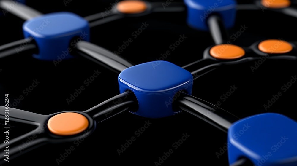 Poster abstract network structure: a network of blue and orange interconnected nodes against a black backdr