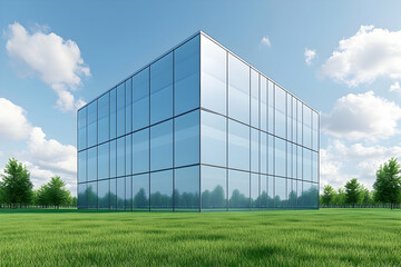 Obraz premium Modern glass building, park setting, sunny day, architectural design