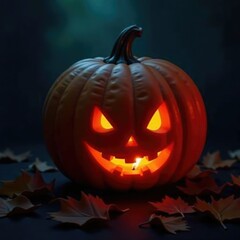 Jack O Lantern glowing in the dark with a lit candle inside its mouth, autumn, eerie