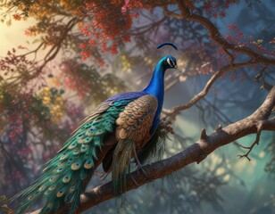 Obraz premium Peacock perched on a tree branch against an abstract background, peacock, peacock perched, branch with peacock