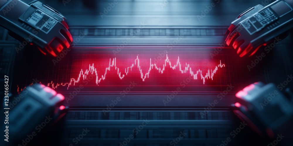 Aufkleber futuristic trading floor design holographic stock charts and cyber security in sleek metallic worksp
