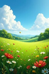 landscape with scattered wildflowers and a lone ball bouncing in the distance, feldelemente, umweltlandschaften, waldfelder