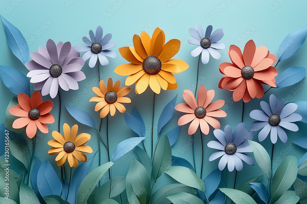 Poster vibrant handcrafted paper blooms and foliage forming delicate spring composition with empty space fo