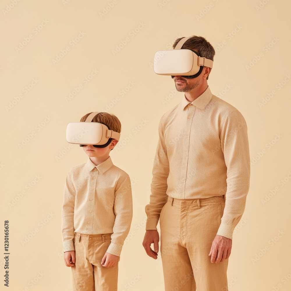 Poster minimal modern vr experience father and son in matching beige outfits with vr goggles in bright sett