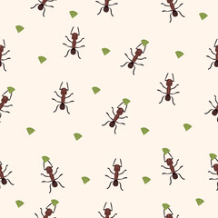  Seamless vector pattern with brown leaf-cutter ants carrying green leaves on a beige background