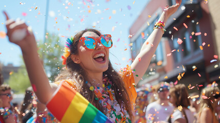 Obraz premium Joyful celebration at a vibrant pride parade with colorful flags in a lively urban street setting