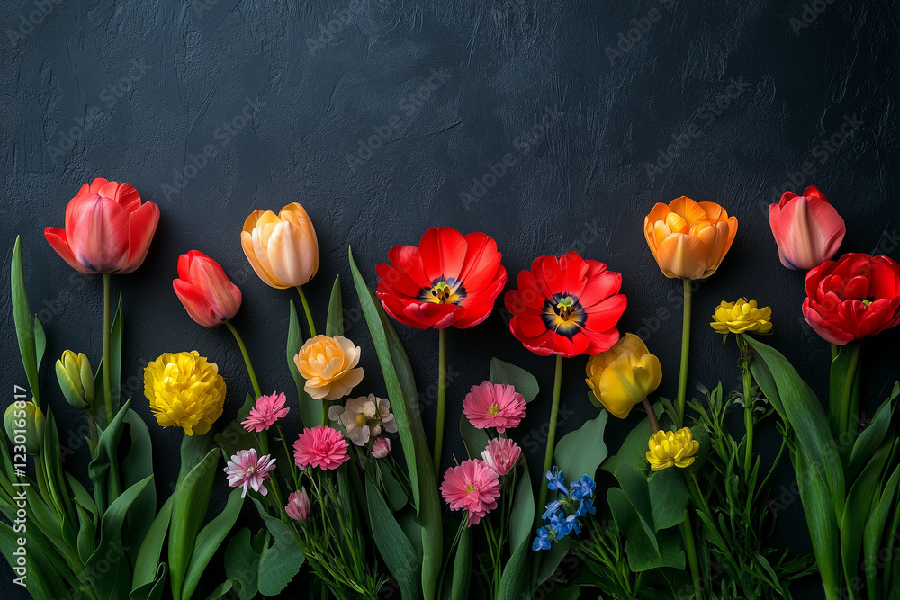Poster vibrant tulips and other spring flowers arranged on a dark textured background, creating a cheerful 