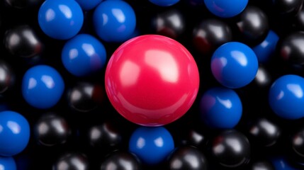 Stand Out From The Crowd: A vibrant pink sphere commands attention amidst a sea of dark blue and black spheres. This image is perfect for conveying concepts of uniqueness, leadership.