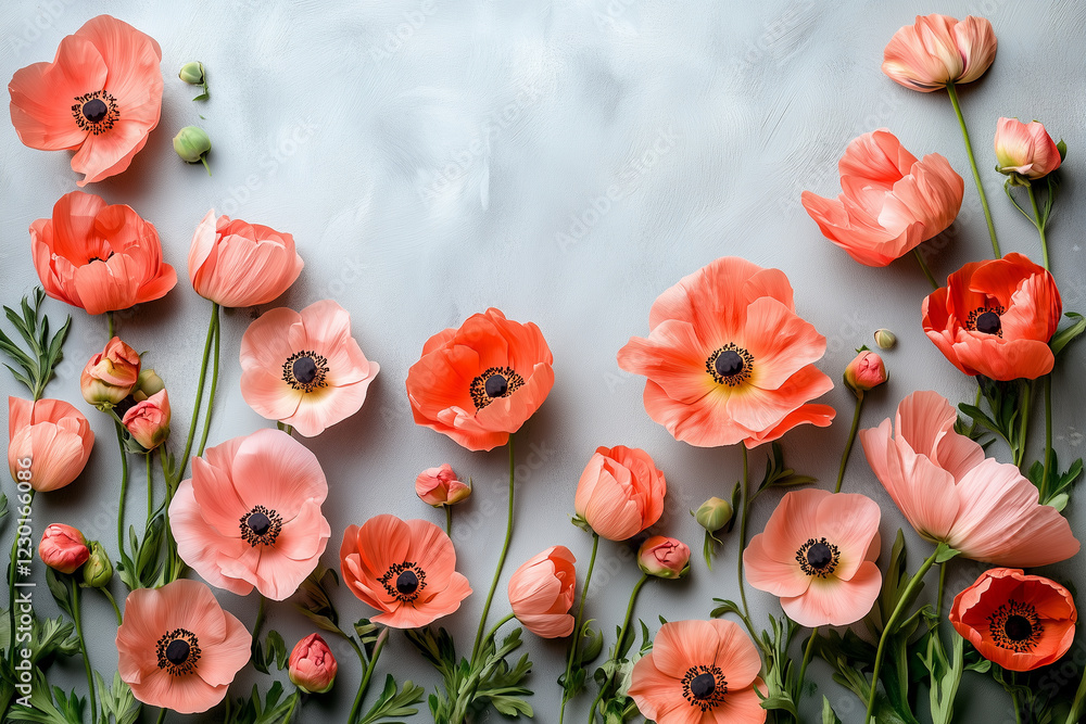 Poster beautiful coral colored flowers are arranged on a light blue textured background, creating a springt