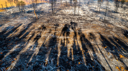 high resolution photo of scorched earth with tree shadows amid burnt landscape, evoking sense of loss and resilience
