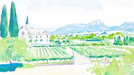 Artistic watercolor illustration of a vineyard with lush grapevines, a historic castle in the background, and scenic mountain views. Generative by AI