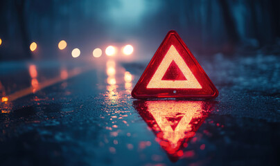 Road reflecting the red light of an emergency triangle at night side view emphasizing the danger and alertness needed on wet roads.