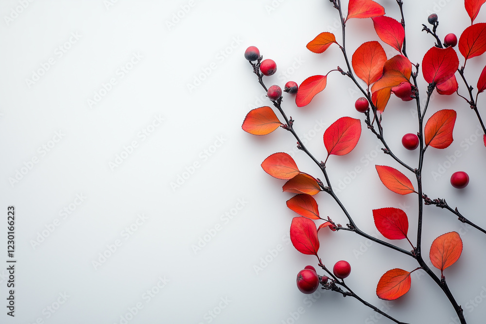 Poster red autumn leaves and berries creating a border on a white background, offering ample copy space for
