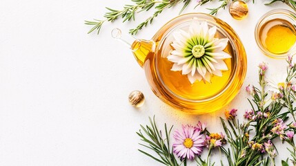 modern glass teapot filled with blooming Dragon Well tea, surrounded by fresh flowers and greenery. Dragon Well Green Tea 