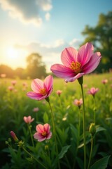 Obraz premium Lush alstroemeria flowers in full bloom against a soft morning sky, spring, verdant landscape, meadow