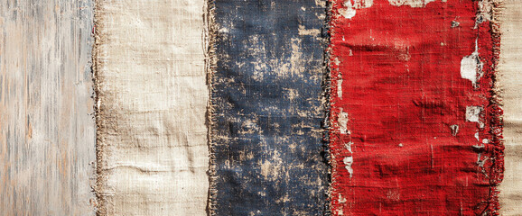 Close-up of a piece of vintage, frayed fabric with red, blue, and beige patches showcasing intricate stitching and worn edges, reflecting age and history.