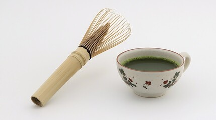 bamboo tea whisk and a ceramic bowl used for preparing matcha, alongside a cup of Dragon Well tea, representing the diversity of tea culture. Dragon Well Green Tea 