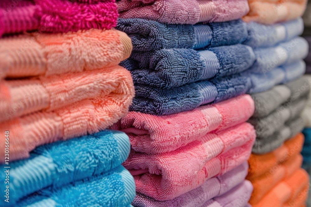 Poster many colorful terry towels folded on a shelf, creating a satisfying and colorful display of home tex