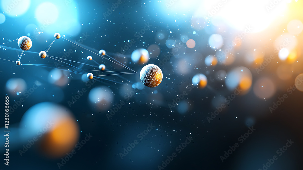 Poster dynamic abstract glowing spheres and lines illustrating disruption in technology digital space graph