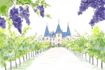 Artistic watercolor illustration of a vineyard with lush grapevines, a historic castle in the background, and scenic mountain views. Generative by AI