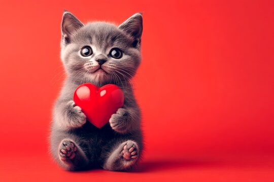 Cute somali baby feline with animal toy red heart - sign of love, funny greeting card. Marketing visual creative design. Somali - my treasured cat. Cute red animal valentine. Cute pet.