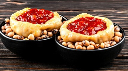 Famous Food of Brazil concept. Traditional dish with sauce in black bowls