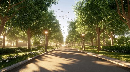 Obraz premium Serene Sunrise Stroll: A Picturesque Pathway Lined with Lush Trees