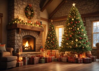Presents stacked high around a beautifully decorated Christmas tree in front of a large stone fireplace with a warm glow , festive atmosphere, stacked presents