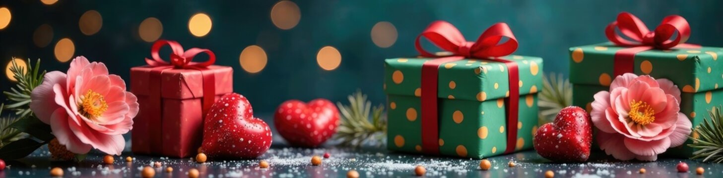 Presentes de natal con flores y corazones coloridos, colores, colores vivos