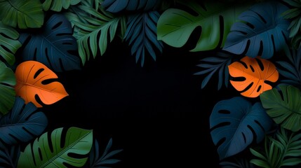Tropical Leaf Frame: A vibrant and tropical frame composed of lush green and orange leaves against a rich black background. Ideal for adding a touch of exotic flair to your designs.
