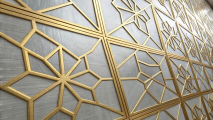 Metallic polished glossy abstract background with geometric patterns of silver and gold colors, contemporary, polished