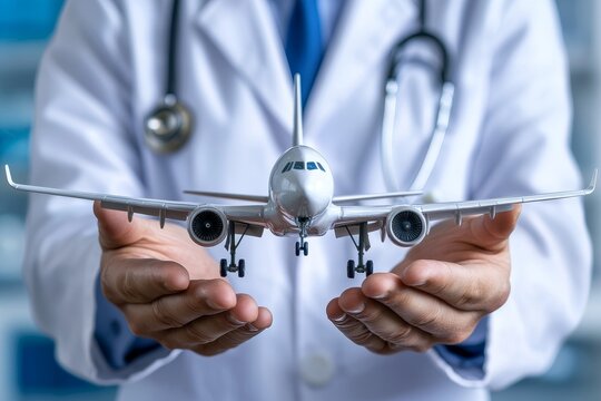 A doctor holding a toy airplane symbolizes healthcare's importance and the freedom to travel. This image conveys safety, care, and the assurance to journey with confidence