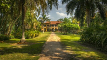 Obraz premium Tropical Estate: A Picturesque Pathway to a Luxurious Mansion
