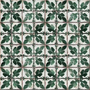Motif r&eacute;p&eacute;titif de carreaux de ciment vintage avec d&eacute;cor feuillage vert et blanc, design sym&eacute;trique floral, texture us&eacute;e et patin&eacute;e