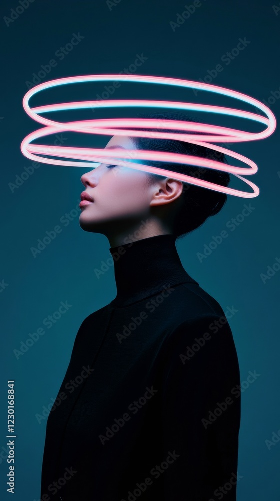 Aufkleber cybernetic elegance young adult in futuristic black attire with neon data halo - cutting-edge visual