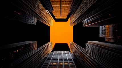 Obraz premium Urban Canyon: An upward perspective of a cityscape with towering skyscrapers forming a narrow canyon, casting shadows and creating a sense of awe and confinement.