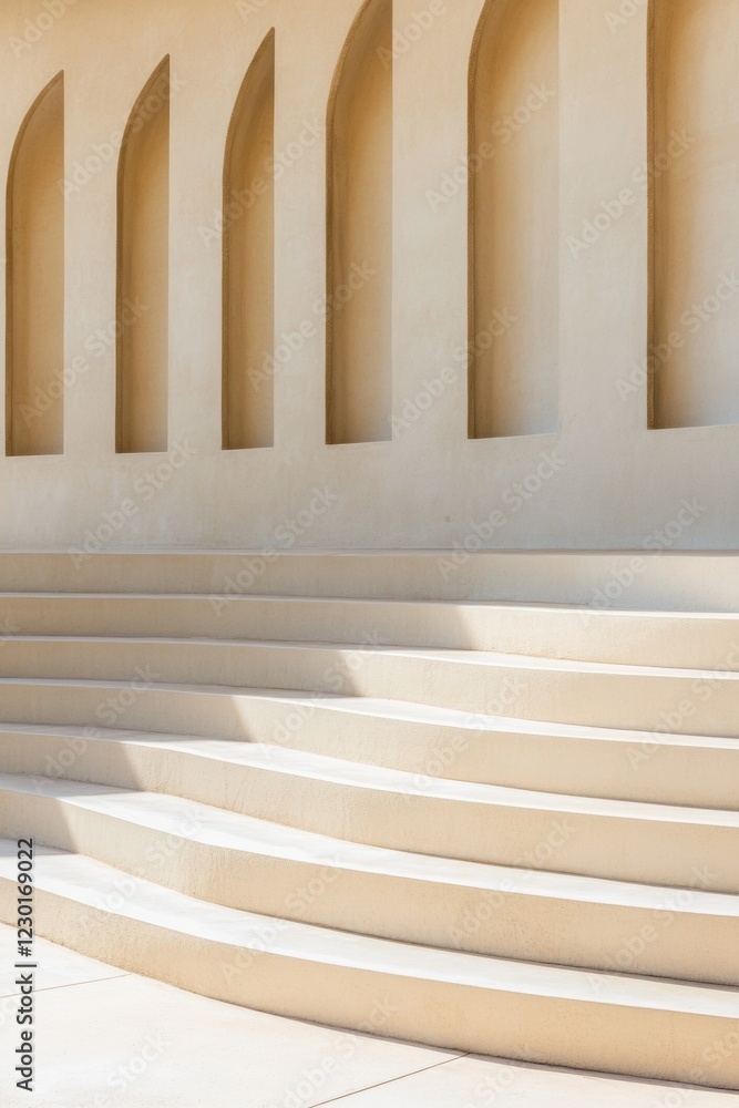 Poster minimalist architectural design sandstone curved steps in sunlit arena - modern venue content and in