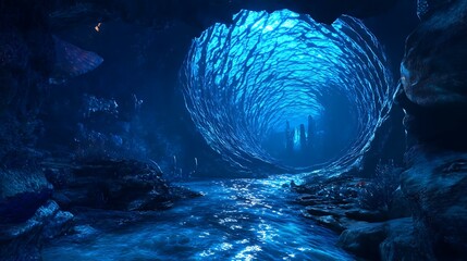 An atmospheric view of the ocean abyss with rippling blue light creating a sense of depth and vastness