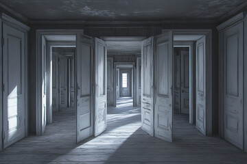 Fototapeta premium Unique house structure featuring numerous doors leading into an unseen void in a highly detailed setting