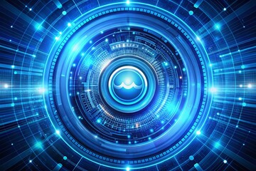 Fototapeta premium Futuristic AI Technology Background: Blue Digital Chatbot Logo with Particle Ring and Machine Learning Symbols