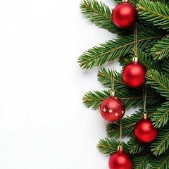 Red gold ornaments and pine branches on white background, red gold ornaments, holiday decor