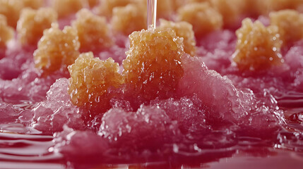 Amber Honeycomb on Pink Ice with Dripping Water