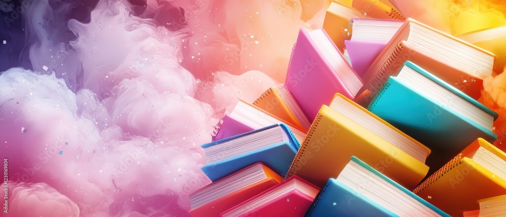 Poster a vibrant stack of colorful books emerges from dreamy clouds, creating a whimsical atmosphere of cre