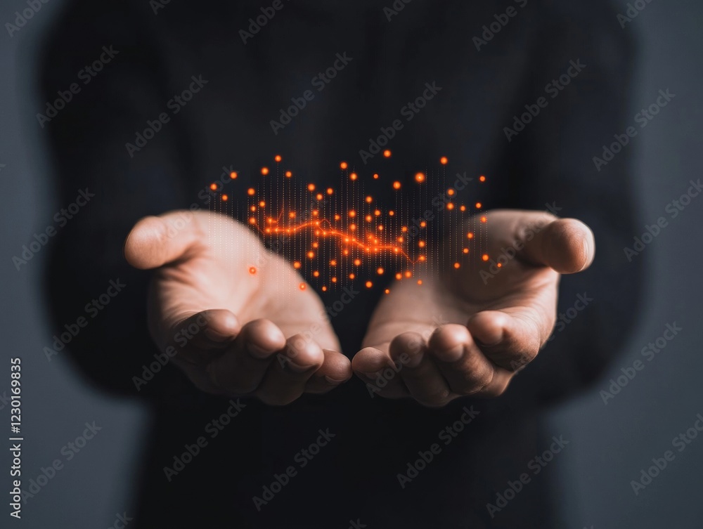 Poster Futuristic Holographic Interface Hands Illuminating AI Data Visualization and Virtual Dashboards - Enhancing Tech-Driven Collaboration in Modern Business Environments