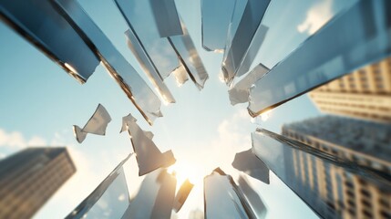 Shattered Glass Ceiling Dynamic Urban Leadership Imagery with Skyward Light Beams - Innovative Gender Equality Campaigns and Modern Architectural Aesthetics