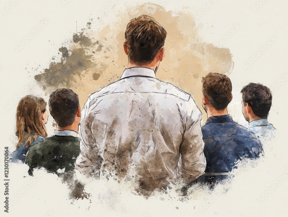 Poster a group of individuals stands together, their backs facing the viewer, creating a sense of unity and