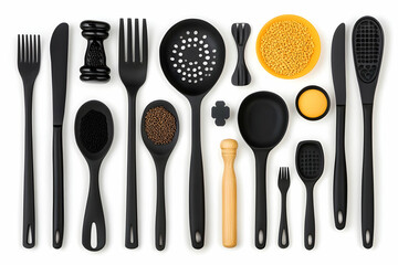 Black kitchenware flatlay, food prep
